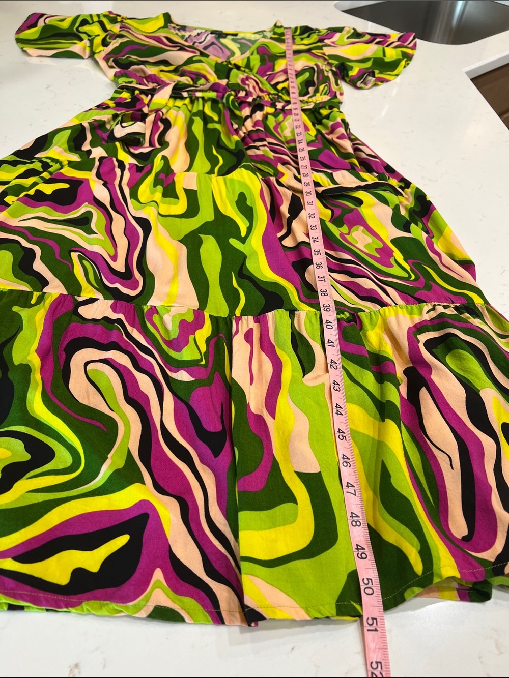 Marianne 2X Psychedelic Swirl Maxi Dress Flutter Sleeve Rayon Belted - Picture 7 of 7